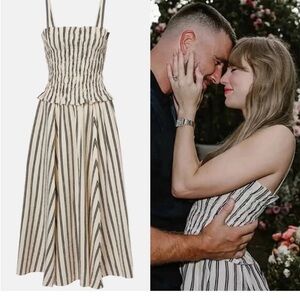 Ralph Lauren Black and Cream Striped Smocked Midi Dress Taylor Swift Engagement